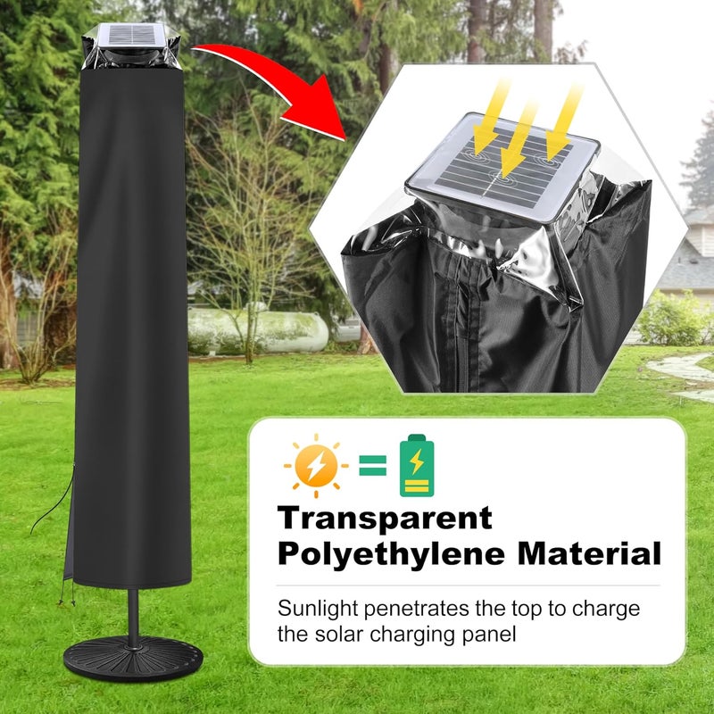 AckMizz Solar Patio Umbrella Cover - Solar Outdoor Umbrella Covers with Folding Rod, Transparent Top Oxford, Parasol Cover For 7.5ft 9ft 10ft 11ft LED Light Table Umbrella(Black) - Image 2